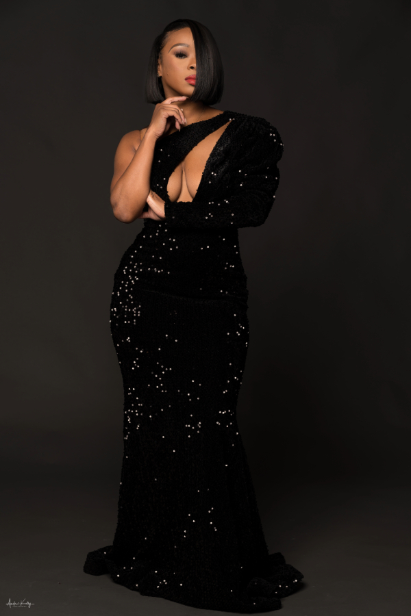 Kindra Barnes in black ball gown.