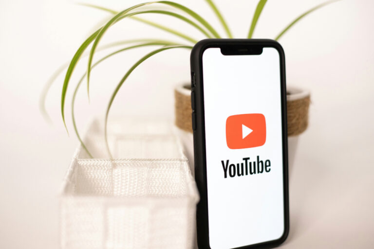 Phone open to Youtube app propped on plant.