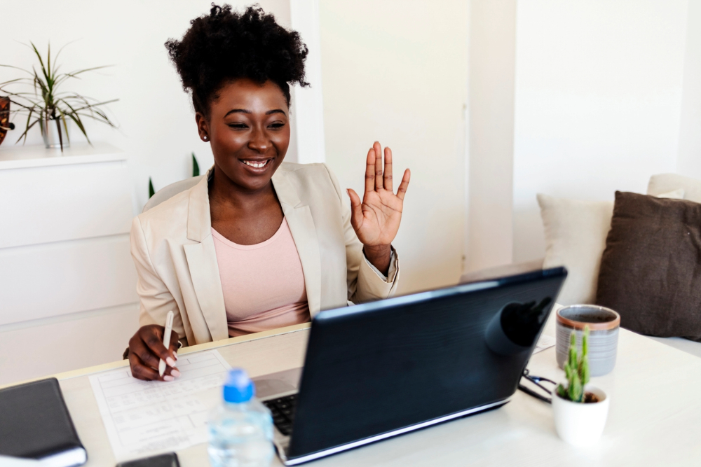 Black woman in virtual interview.