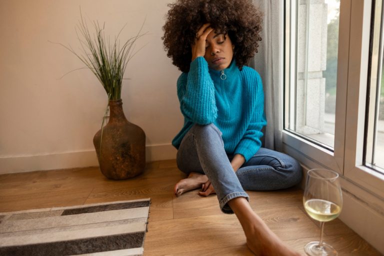 Black woman battling mid-life crisis.
