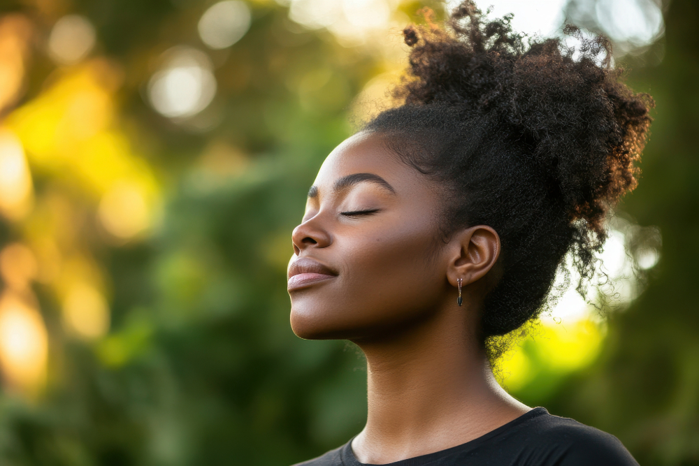Woman taking a breath and adjusting in life.