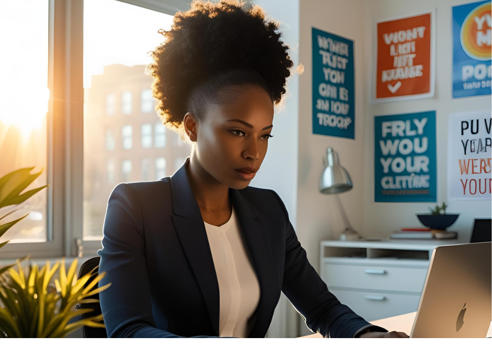 Black woman at desk working on SEO