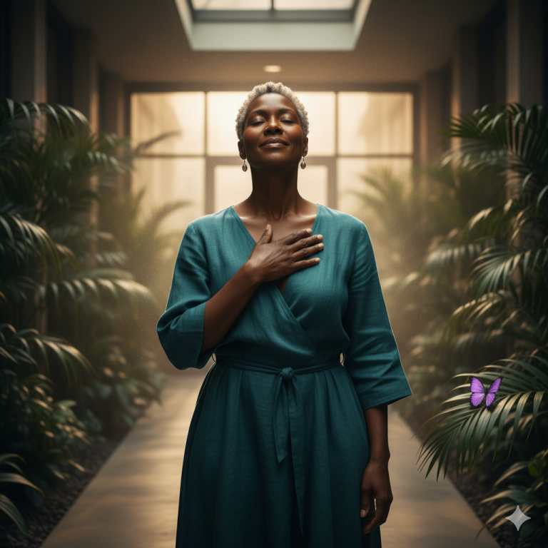 A serene Black woman with short gray hair, eyes closed and hand over her heart, standing amongst lush green plants, embodying peace and wellness during menopause.