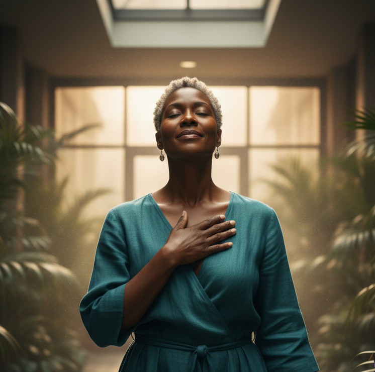 A serene Black woman with short gray hair, eyes closed and hand over her heart, standing amongst lush green plants, embodying peace and wellness during menopause.