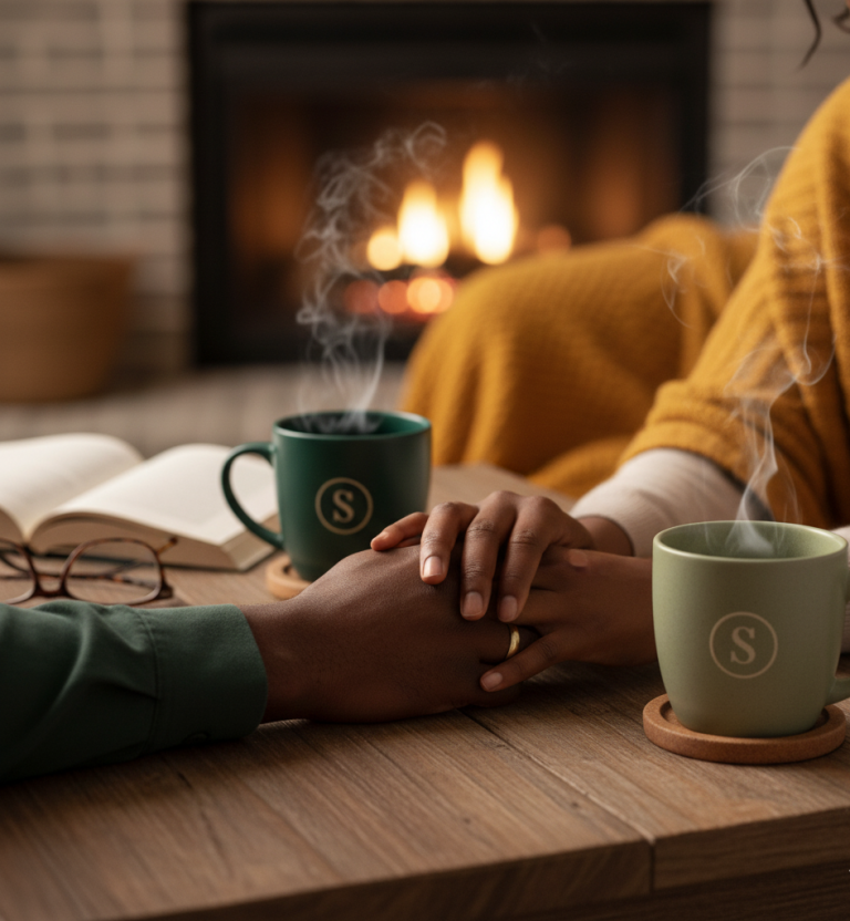 Black woman holding her partner’s hand during a quiet evening.
