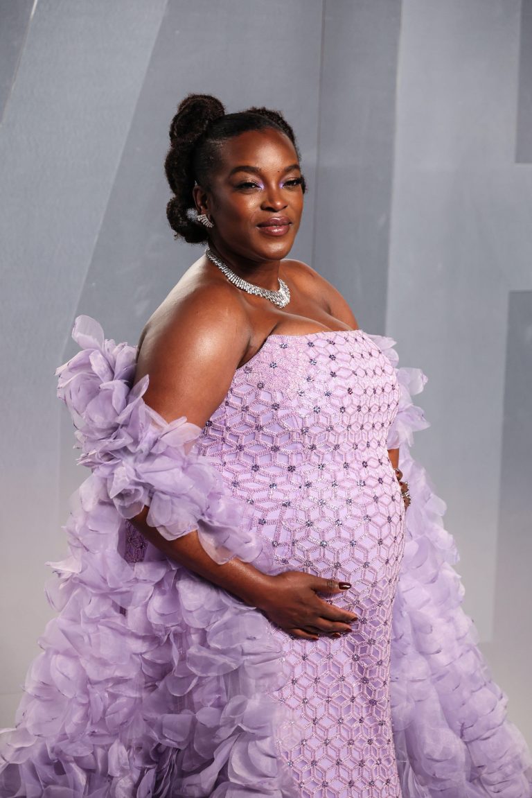 Wunmi Mosaku wearing Georges Chakra with Stuart Weitzman shoes and Marli jewels arrives at the 2026 Vanity Fair Oscar Party (98th Annual Academy Awards)