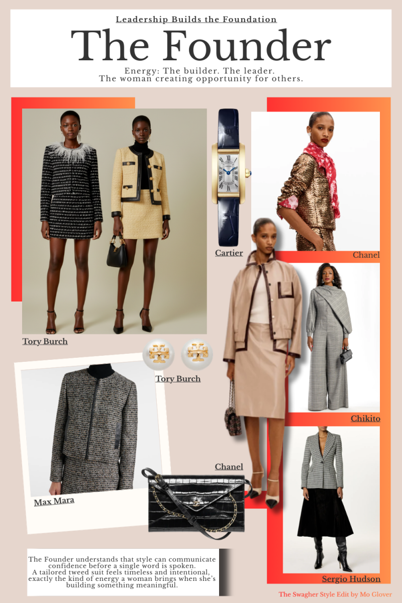 Style Guide for The Founder favors the classic Parisian power look: structured, confident, polished. A tweed suit signals authority while honoring feminine elegance.