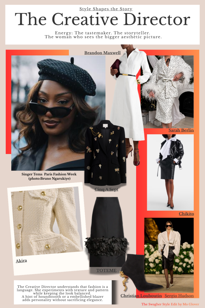 The Creative Director experiments with texture and pattern to maintain a refined style. She might pair houndstooth with a statement blouse or layer monochrome pieces for an editorial, polished look.