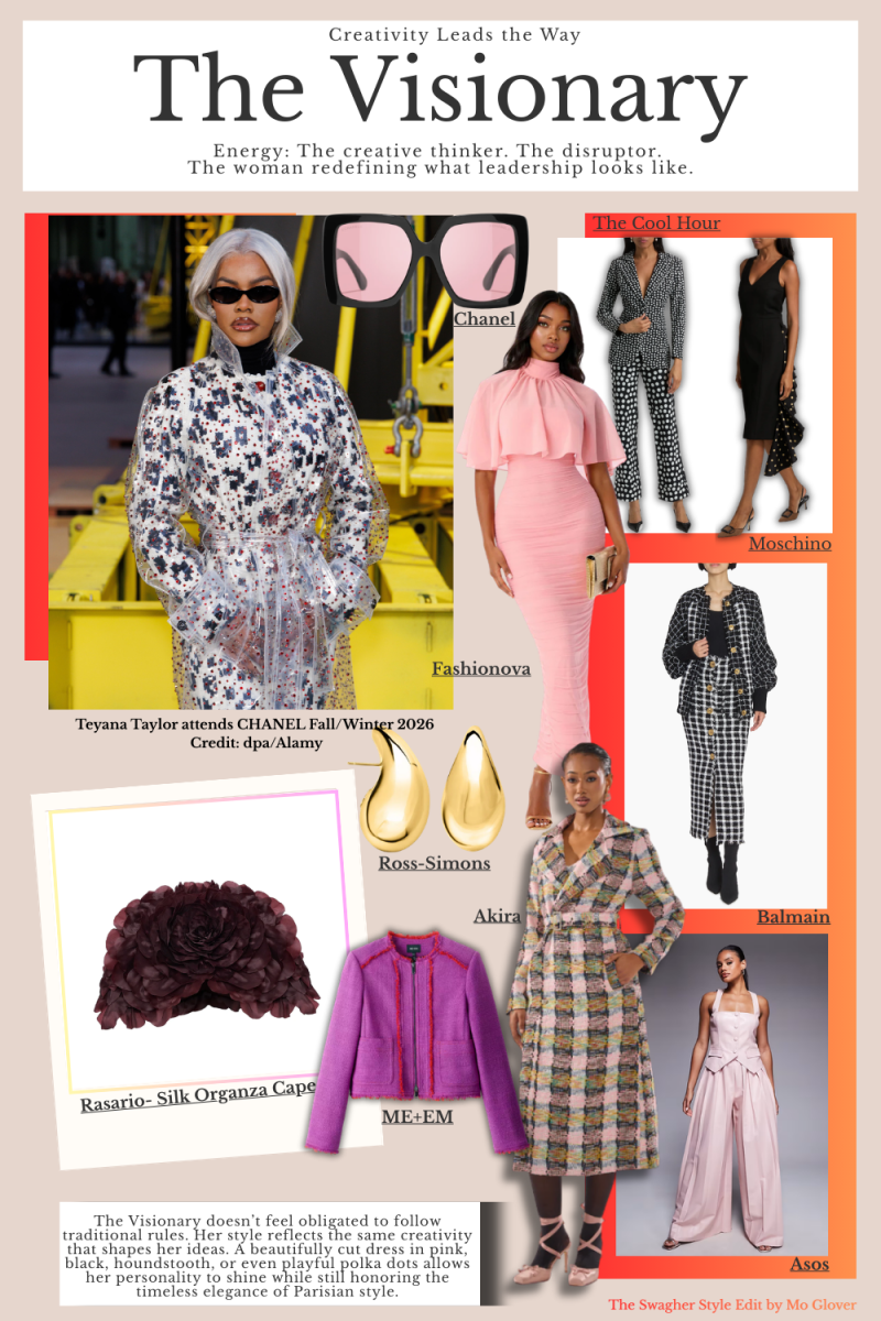The Visionary goes beyond traditional suits, choosing pieces that show confidence and creativity. Her look is elegant and expressive, ideal for one whose ideas lead the conversation.