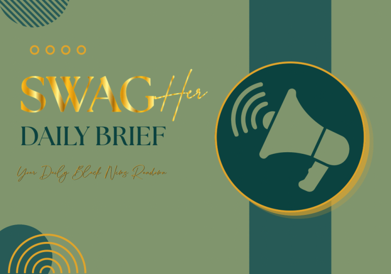 Promotional banner for SWAGHer Daily Brief with a teal megaphone emblem on a green gradient background and gold accents.