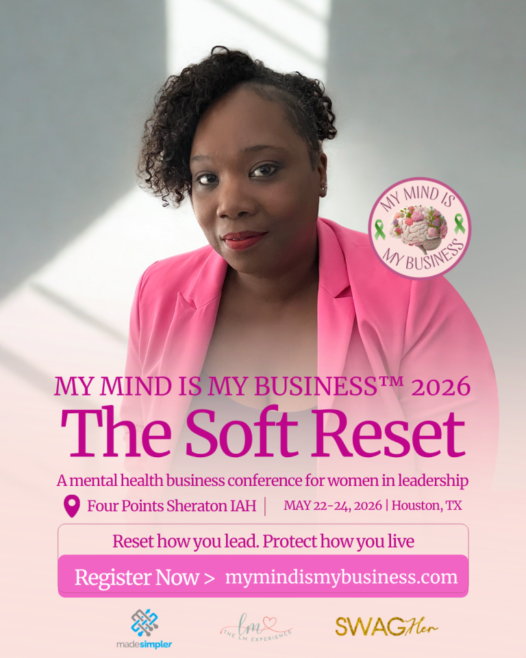 Promotional poster: African American woman in a pink blazer for 'The Soft Reset' mental health conference for women in leadership, Houston 2026.