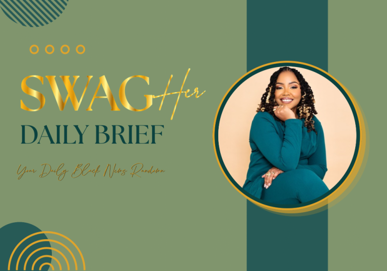 Header graphic for SwagHer Daily Brief: smiling woman in teal outfit in a round gold-framed portrait on a green gradient background with decorative rings and bold golden text.