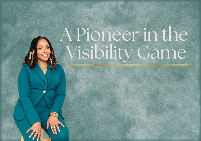 Woman in a teal suit seated against a teal textured background with the headline 'A Pioneer in the Visibility Game'. 2. Promotional banner featuring a woman in a teal suit next to the words 'A Pioneer in the Visibility Game'. 3. Teal-themed hero image with a smiling woman in a teal blazer on the left and the title 'A Pioneer in the Visibility Game'. 4. Left: woman in teal suit; Right: 'A Pioneer in the Visibility Game' title on teal backdrop. 5. Marketing banner: 'A Pioneer in the Visibility Game' with a woman in teal on the left.
