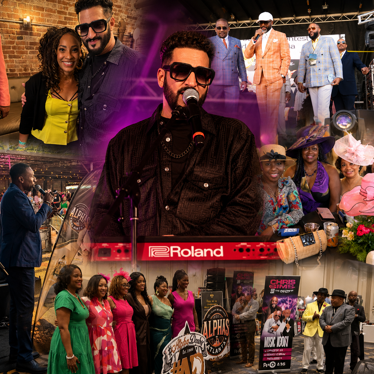 Collage of a male singer at a red Roland keyboard performing on stage, surrounded by fans and other performers.