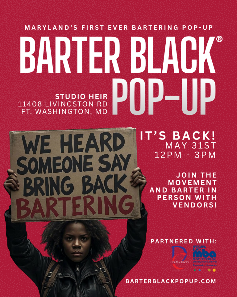 Poster announcing Barter Black Pop-Up on a red dotted background; a person holds a cardboard sign that reads 'WE HEARD SOMEONE SAY BRING BACK BARTERING'.