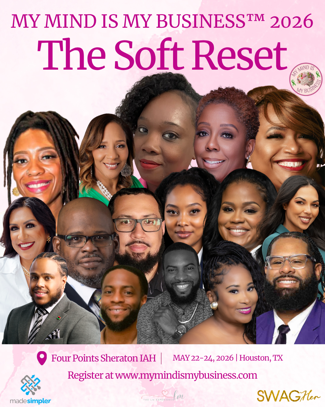 Poster for 'The Soft Reset' conference with a collage of diverse smiling speakers on a pink background; Houston, May 22–24, 2026.