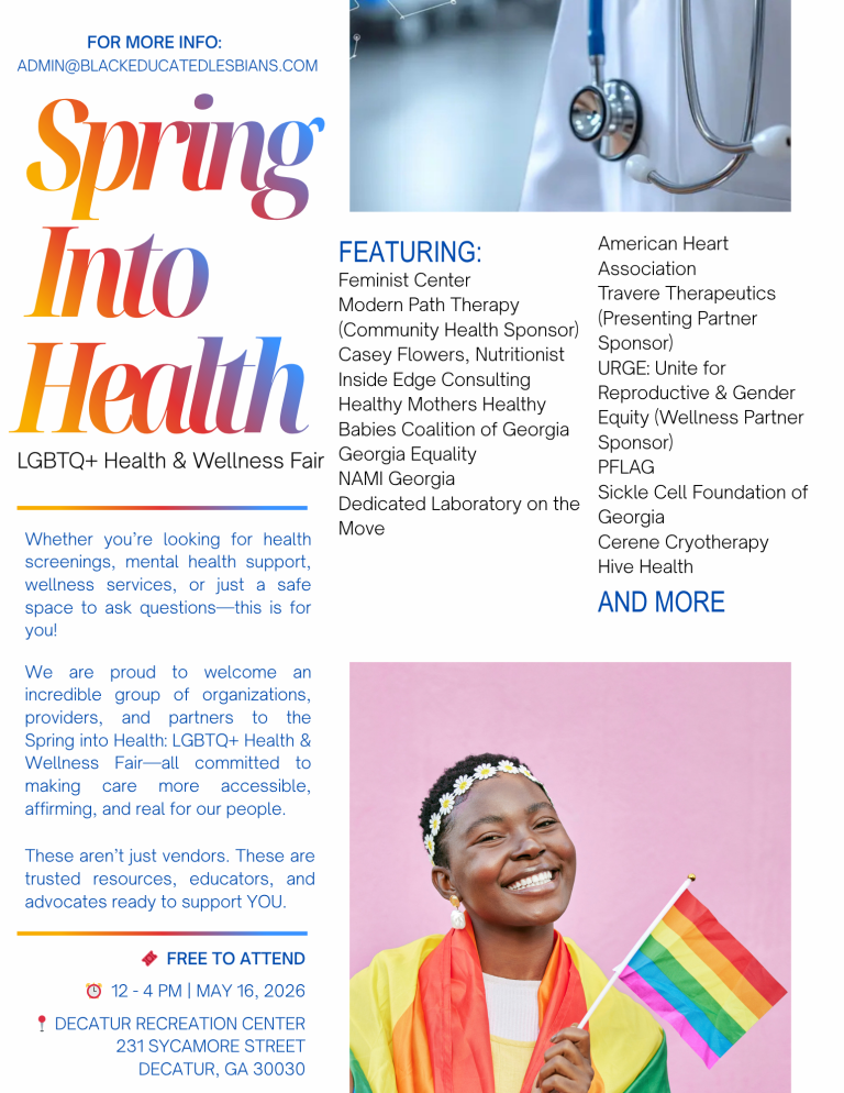 Promotional flyer for Spring Into Health LGBTQ+ Health & Wellness Fair, featuring gradient title, event details, a doctor with a stethoscope, and a person with a rainbow flag.