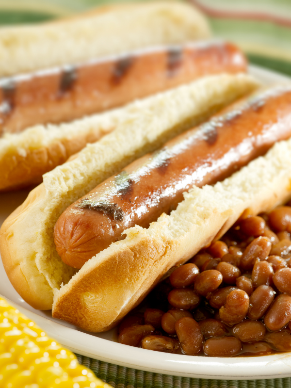 Two grilled hot dogs in toasted buns on a plate with baked beans and corn on the cob in the foreground/sideways view, ready to eat