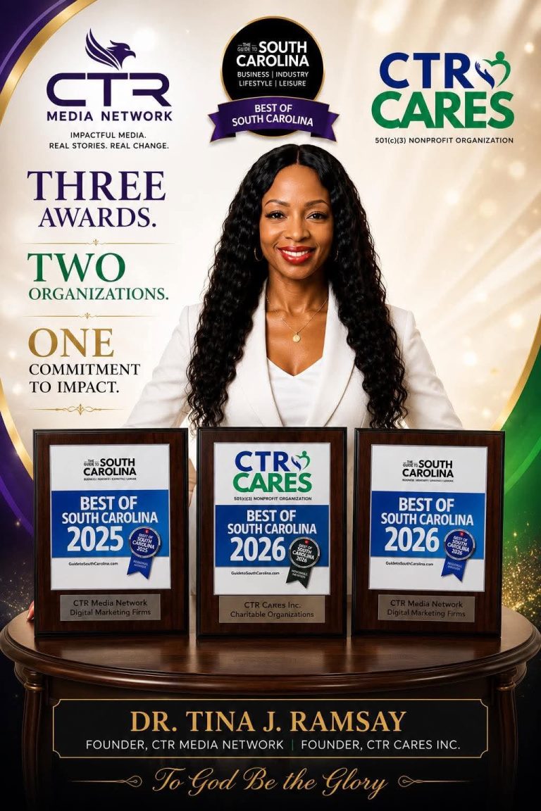 Dr. Tina J. Ramsay stands behind a table with three award plaques, CTR logos, and the motto 'To God Be the Glory'.