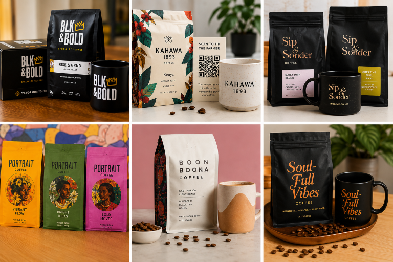 BLK & Bold coffee bags and mug on a wooden table with a box in the background, showcasing their branding.