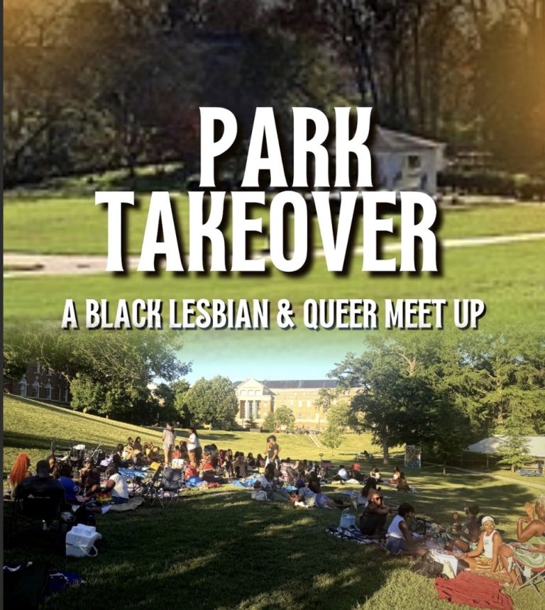 Poster advertising 'Park Takeover': a Black lesbian and queer meetup, with groups picnicking on a sunny campus lawn in a park.