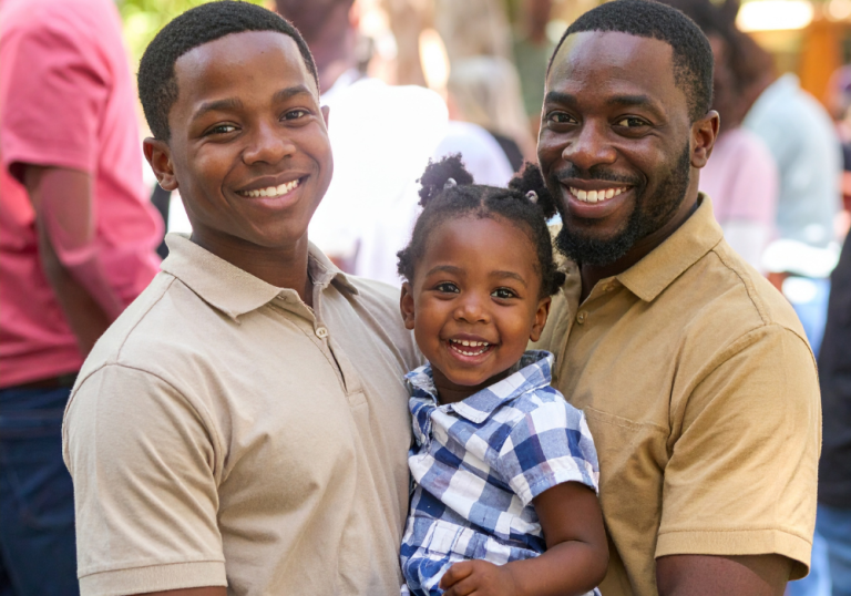 Two men and a young child smile at the camera outdoors in a sunny setting.