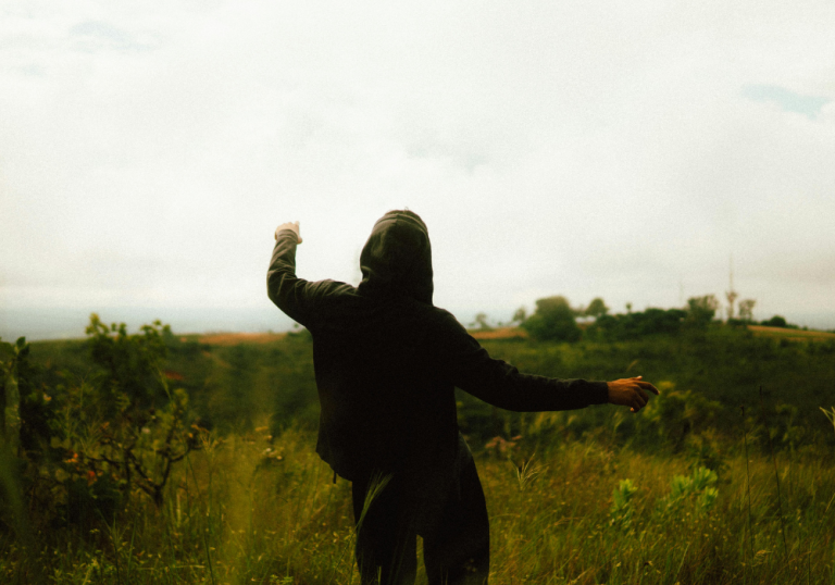 Person in a dark hoodie stands in a grassy field with arms raised, back to the camera, under a cloudy sky.