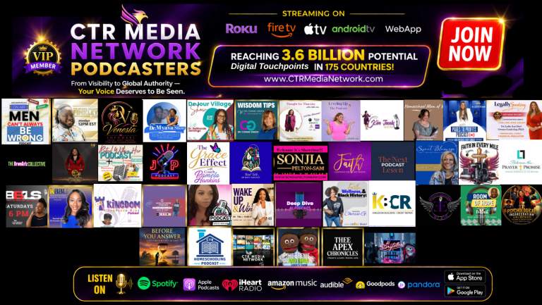 Promotional CTR Media Network banner with a neon scheme and a grid of podcast thumbnails beneath it; includes a Join Now button.