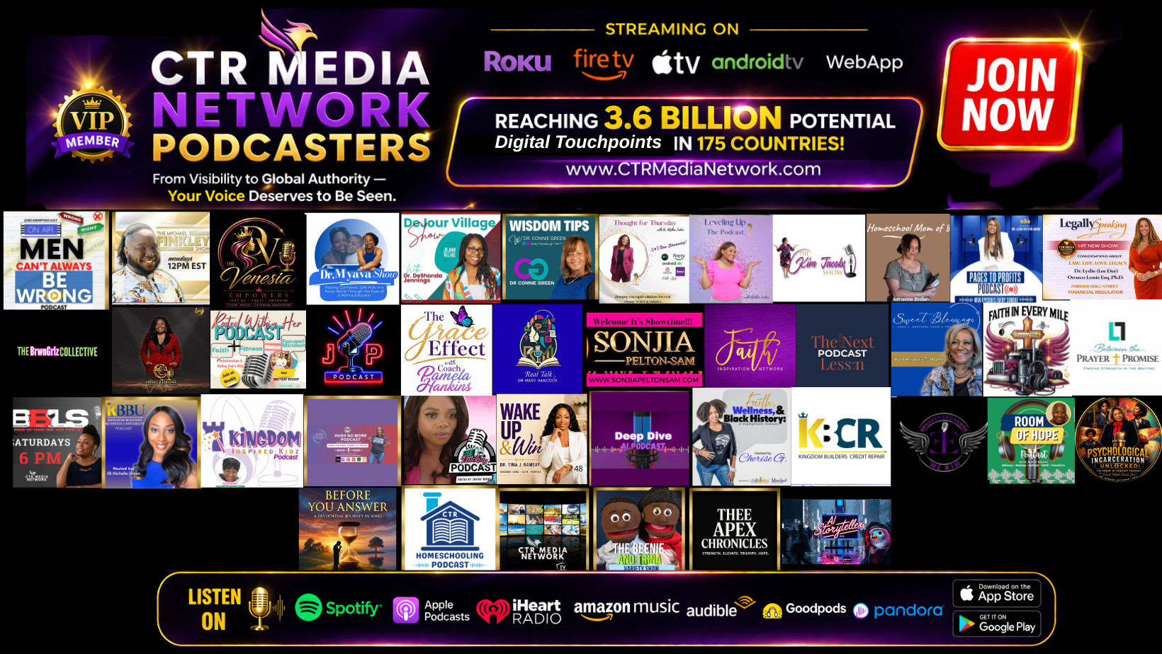 Promotional CTR Media Network banner with a neon scheme and a grid of podcast thumbnails beneath it; includes a Join Now button.