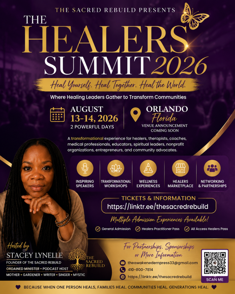 Poster for The Healers Summit 2026 with gold and purple theme, date August 13–14, 2026 in Orlando, FL, and a photo of the host Stacey Lynelle on the left.