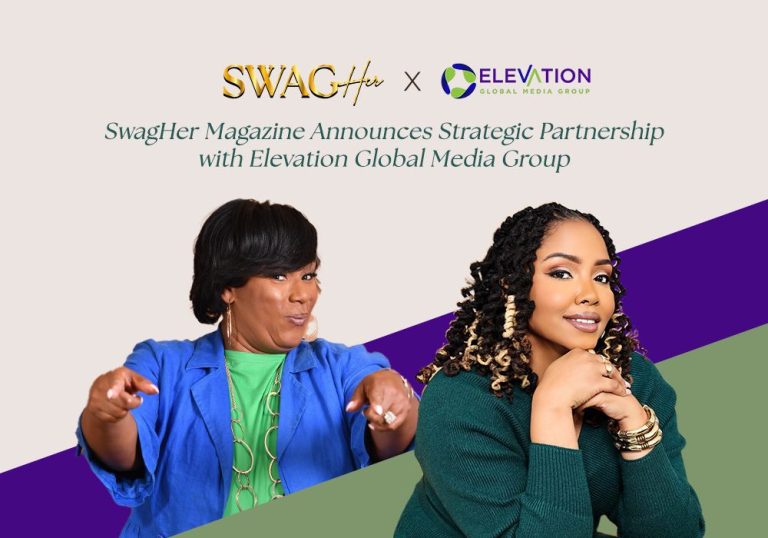 Promotional hero announcing a strategic partnership between SwagHer Magazine and Elevation Global Media Group, featuring two women and brand colors.