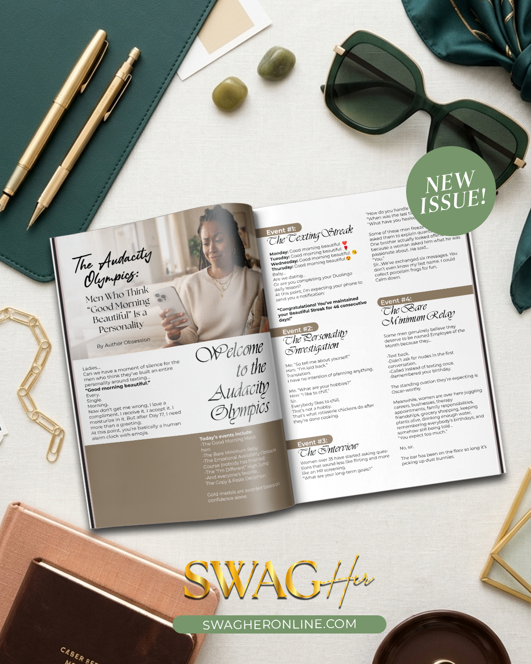 Open magazine ad on a desk surrounded by green sunglasses, gold pens, and a circular 'NEW ISSUE!' badge for SWAGHer online.