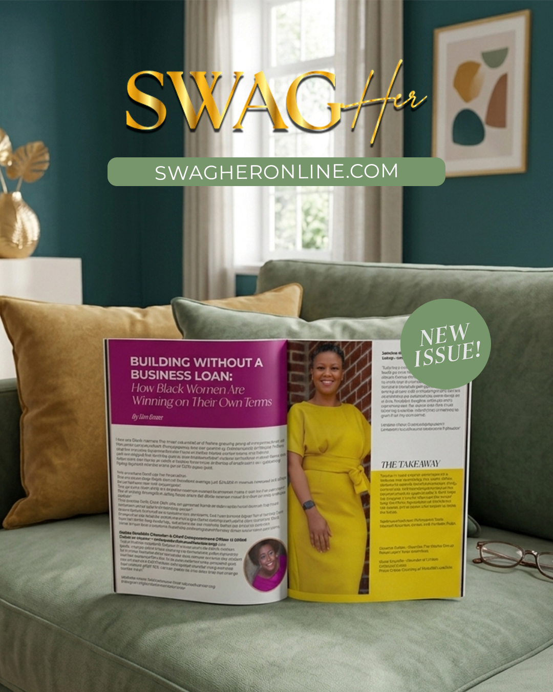 Promotional image for SWAGHer magazine: a living room scene with an open magazine on a green sofa and a green New Issue badge, plus the SWAGHerOnline.com header.