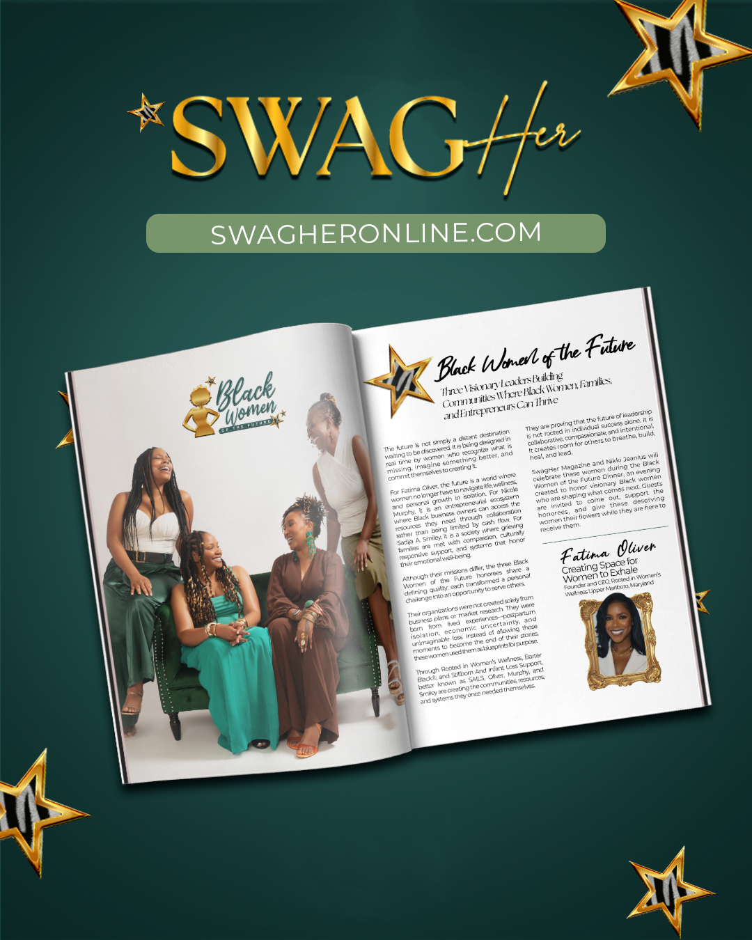 Brand logo 'SWAGHer' and swagheronline.com banner above an open magazine spread showing a group of women on the left and an article on the right.