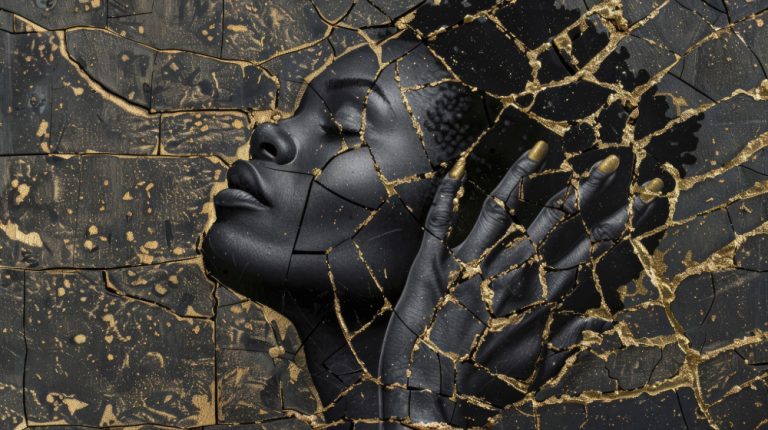 Black sculpted face and hand pressed against a cracked, gold-veined surface; an abstract, artistic composition.