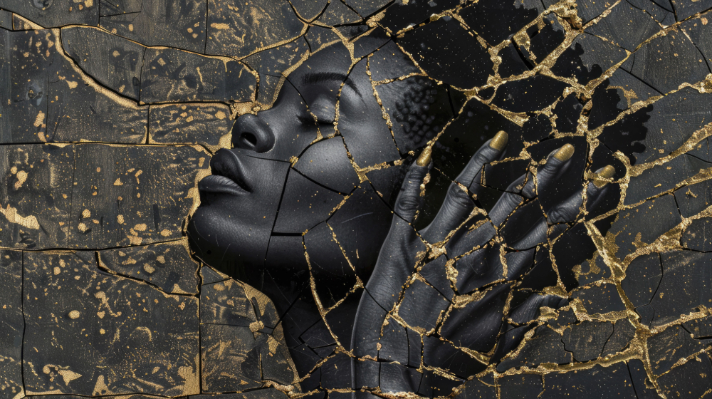 Black sculpted face and hand pressed against a cracked, gold-veined surface; an abstract, artistic composition.