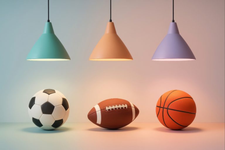 For the Love of the Game image that shows a soccer ball, football, and basketball each with a colored lamp shining on it.