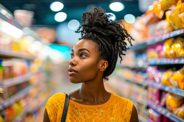 The Return to Ourselves- Listening to Your Body Black woman standing in middle of grocery aisle