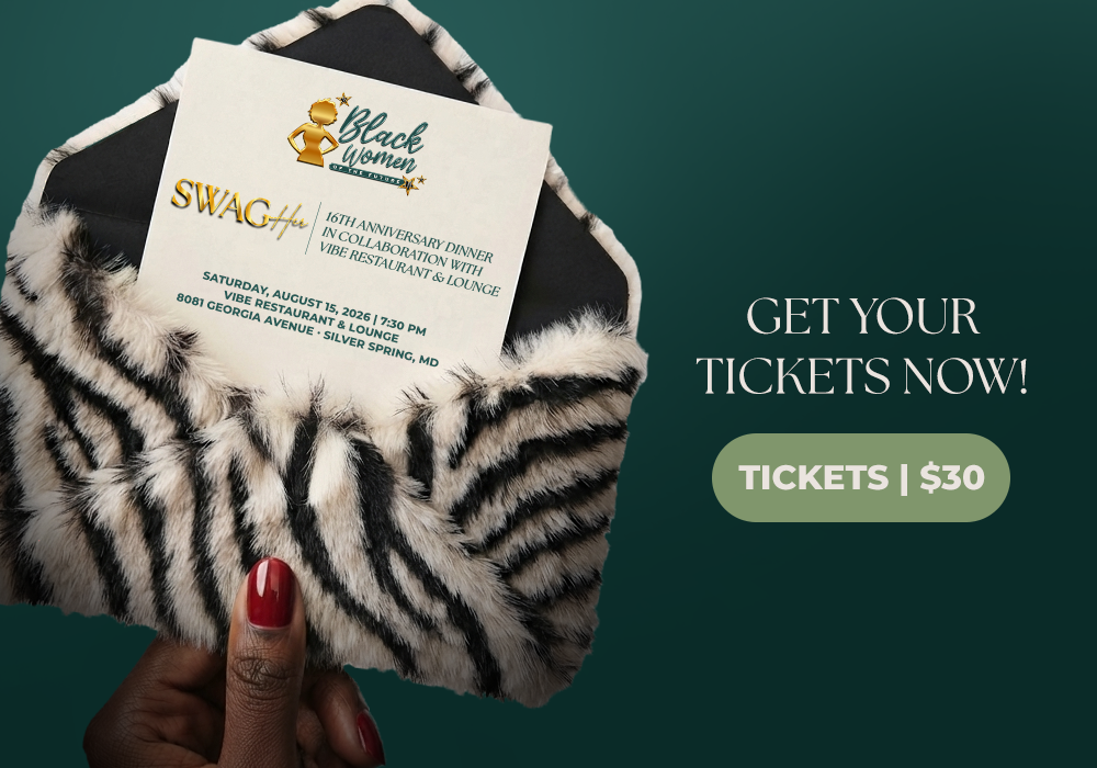 Hand holding a fur clutch with an event ticket; dark green background and text 'Get Your Tickets Now!' with a rounded 'Tickets | $30' button on the right.