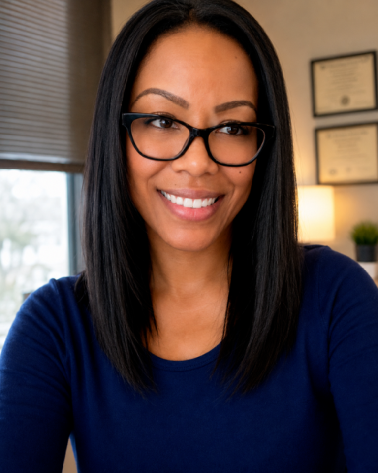 Smiling woman with black hair and glasses in a navy shirt, in an office setting.
