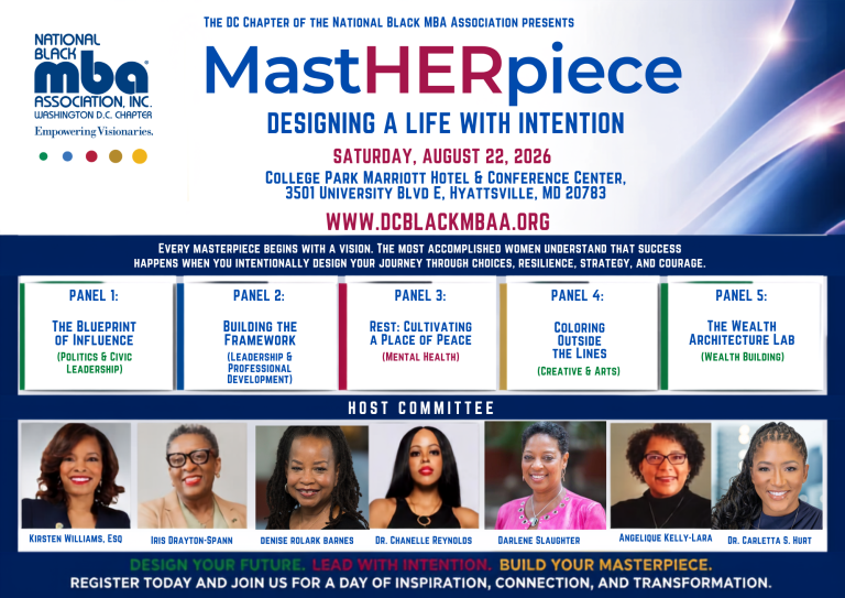 Banner for MastHERpiece event by the DC Chapter of the National Black MBA Association, with event title, date, venue, and website.